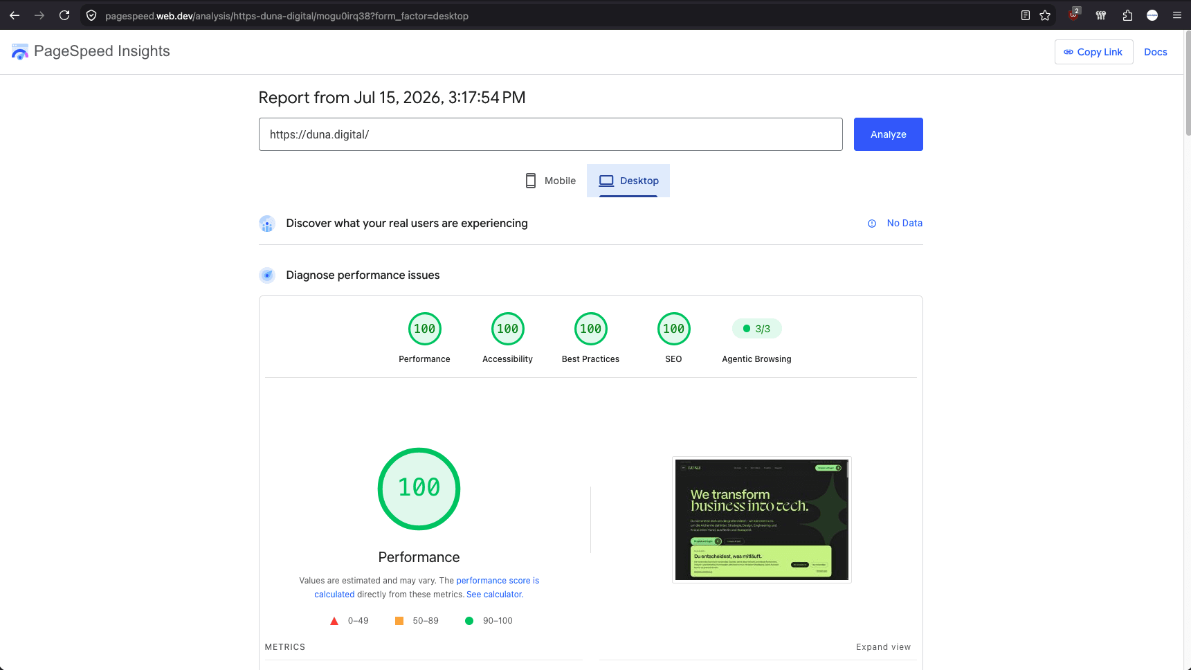 Desktop PageSpeed Insights result for duna.digital with four scores of 100