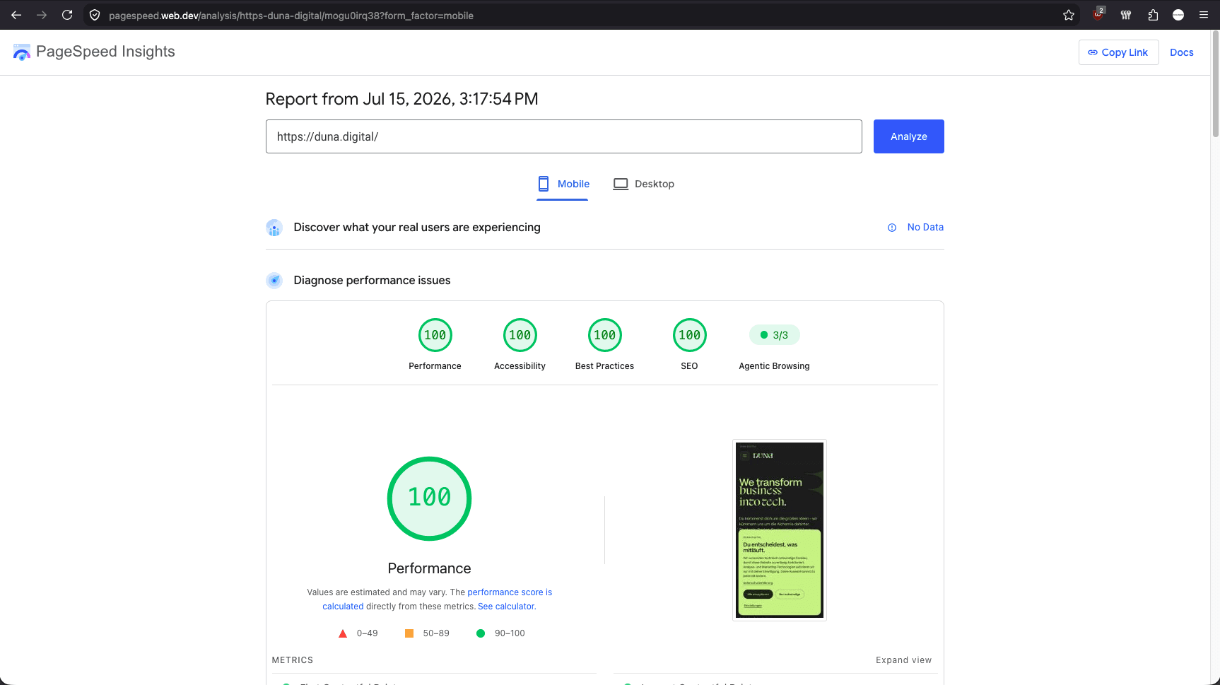 Mobile PageSpeed Insights result for duna.digital with four scores of 100